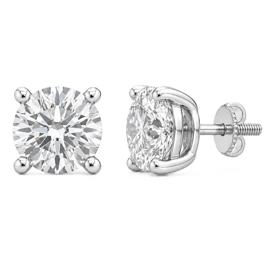Brilliant 6.5mm Moissanite stud earrings in 4-prong design, crafted in white gold-plated 925 silver with hypoallergenic comfort. Available now at BSI Jewelry.
