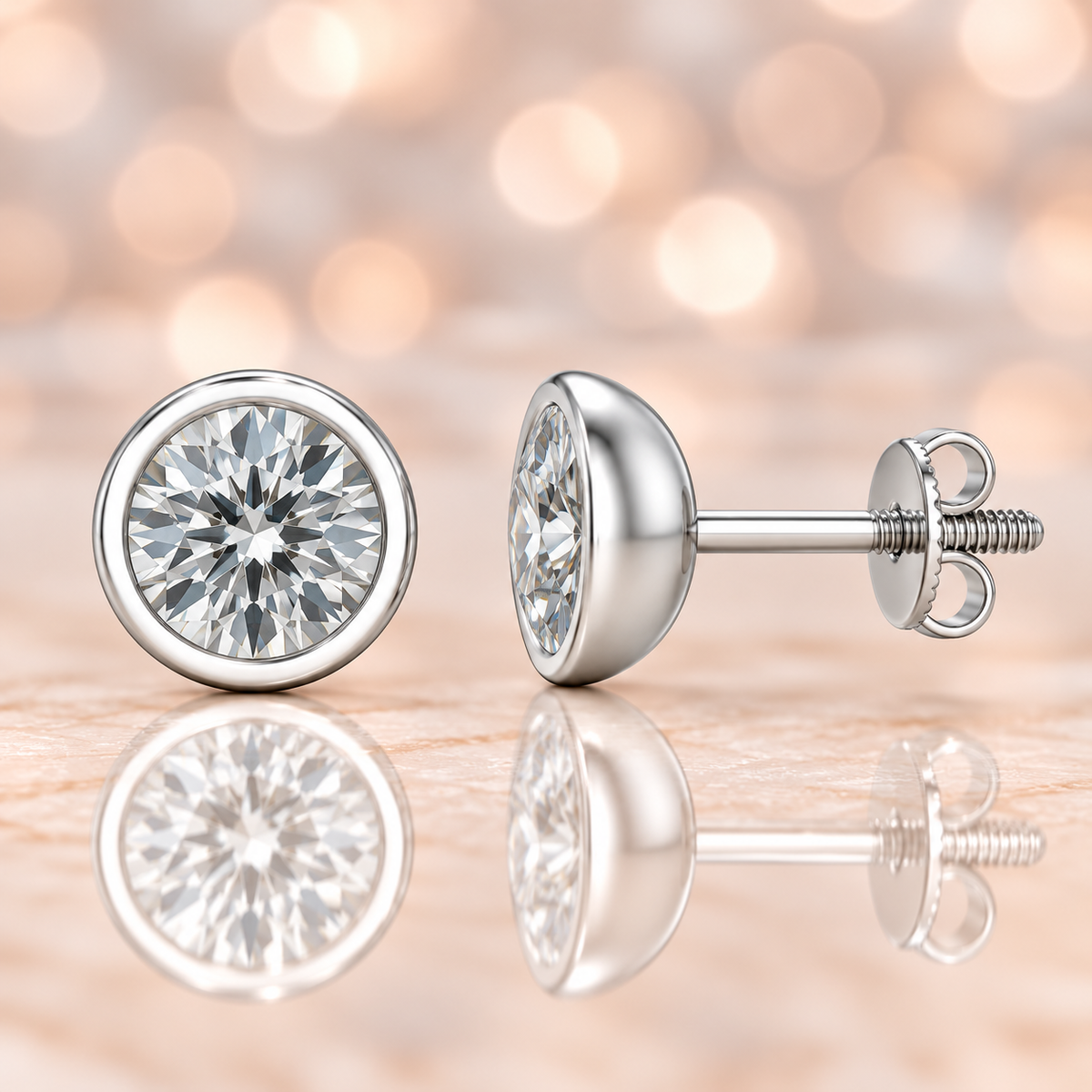 Bold 6.5mm Moissanite stud earrings in sleek bezel design, crafted in white gold-plated 925 silver with hypoallergenic comfort. Available now at BSI Jewelry.