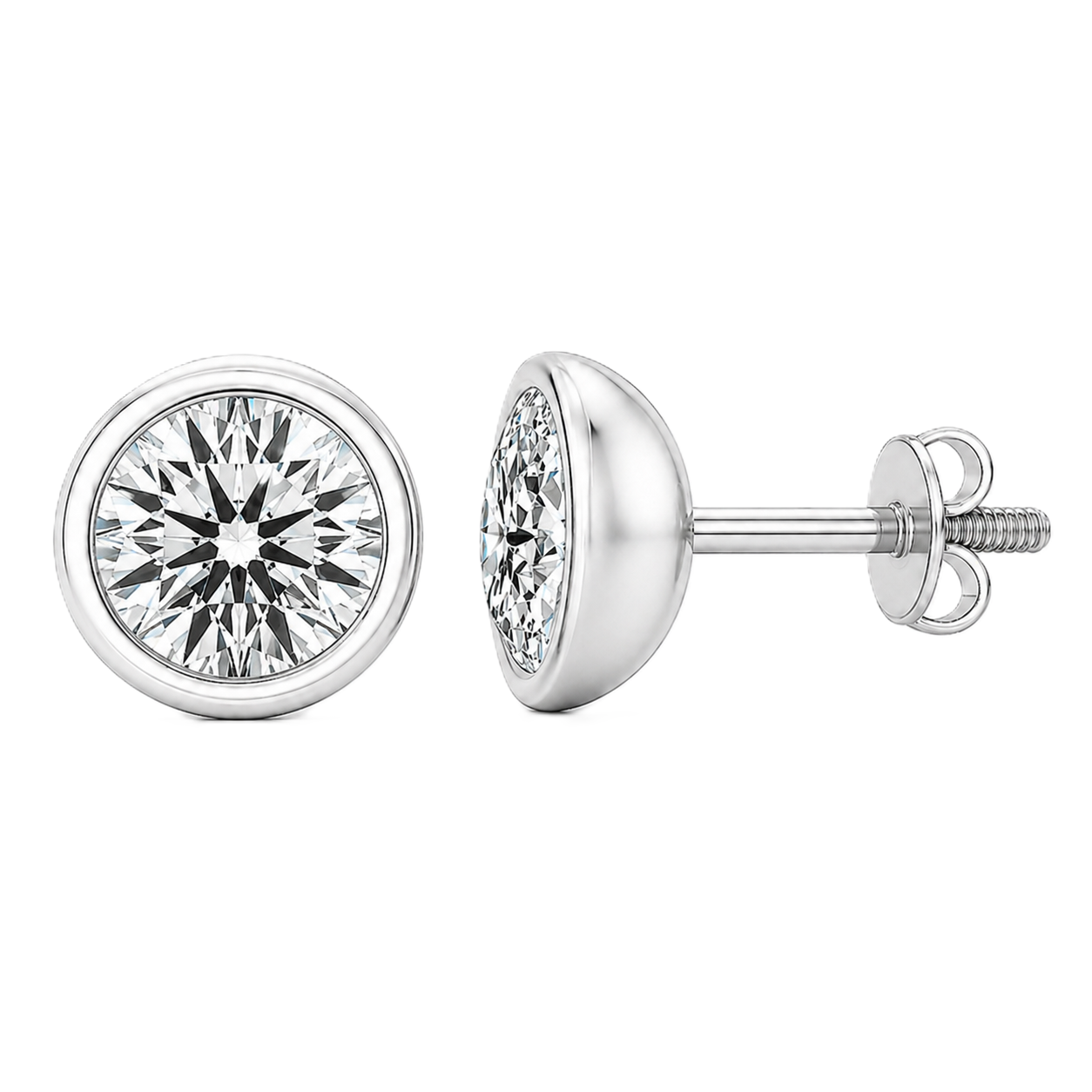 Bold 6.5mm Moissanite stud earrings in sleek bezel design, crafted in white gold-plated 925 silver with hypoallergenic comfort. Available now at BSI Jewelry.