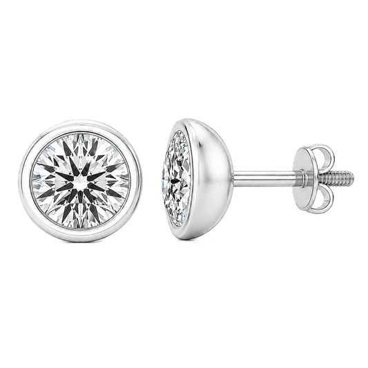 Bold 6.5mm Moissanite stud earrings in sleek bezel design, crafted in white gold-plated 925 silver with hypoallergenic comfort. Available now at BSI Jewelry.