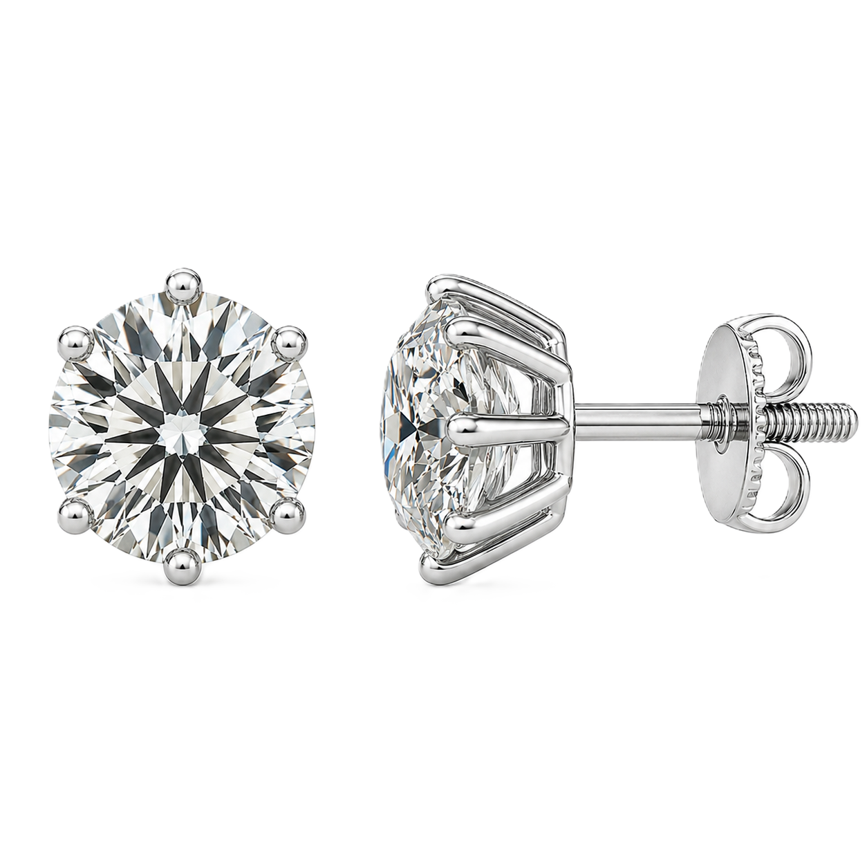 Moissanite stud earrings, 6.5 mm round cut, crafted in white gold-plated 925 silver with palladium alloy, hypoallergenic and safe to wear. Now at BSI Jewelry.