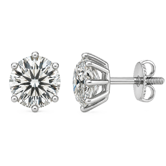 Moissanite stud earrings, 6.5 mm round cut, crafted in white gold-plated 925 silver with palladium alloy, hypoallergenic and safe to wear. Now at BSI Jewelry.