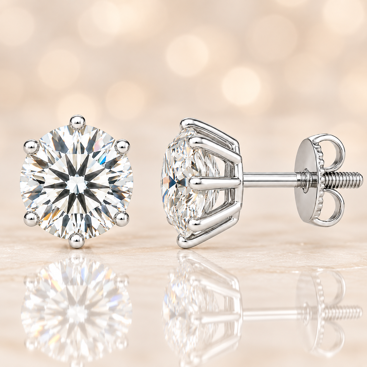 Moissanite stud earrings, 6.5 mm round cut, crafted in white gold-plated 925 silver with palladium alloy, hypoallergenic and safe to wear. Now at BSI Jewelry.