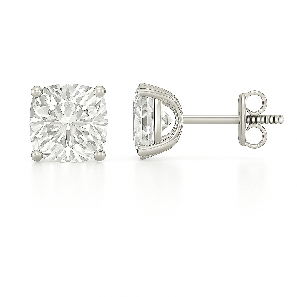 Moissanite Stud Earrings, 6 mm cushion cut, crafted in white gold-plated 925 silver with palladium-added alloy. Elegant and hypoallergenic. Now at BSI Jewelry.