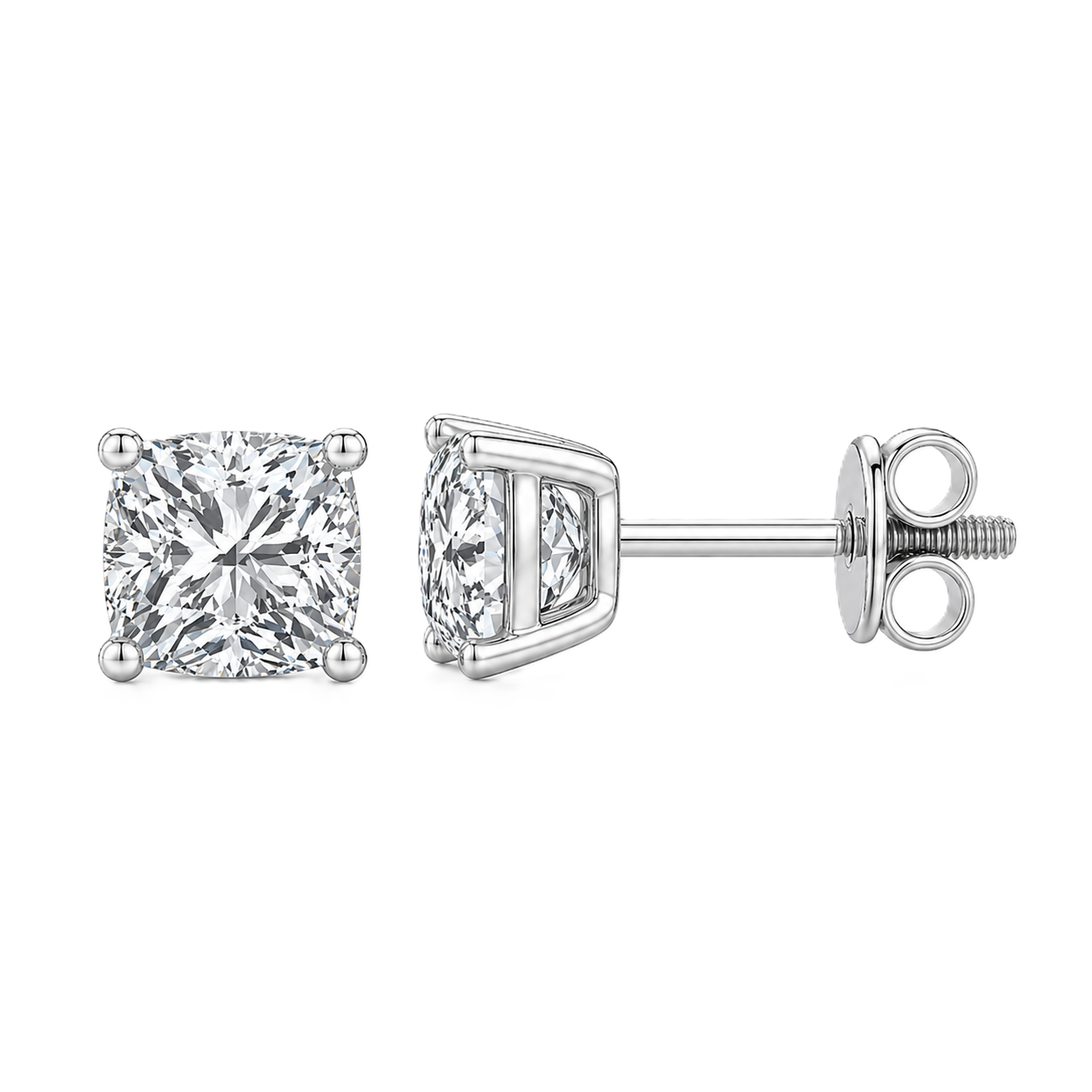 Moissanite Stud Earrings, 6 mm cushion cut, crafted in white gold-plated 925 silver with palladium-added alloy. Elegant and hypoallergenic. Now at BSI Jewelry.