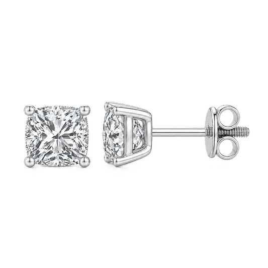Moissanite Stud Earrings, 6 mm cushion cut, crafted in white gold-plated 925 silver with palladium-added alloy. Elegant and hypoallergenic. Now at BSI Jewelry.