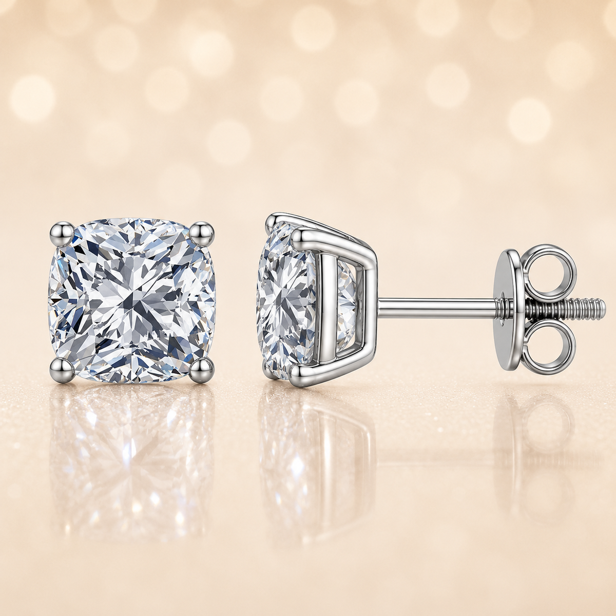 Moissanite Stud Earrings, 6 mm cushion cut, crafted in white gold-plated 925 silver with palladium-added alloy. Elegant and hypoallergenic. Now at BSI Jewelry.