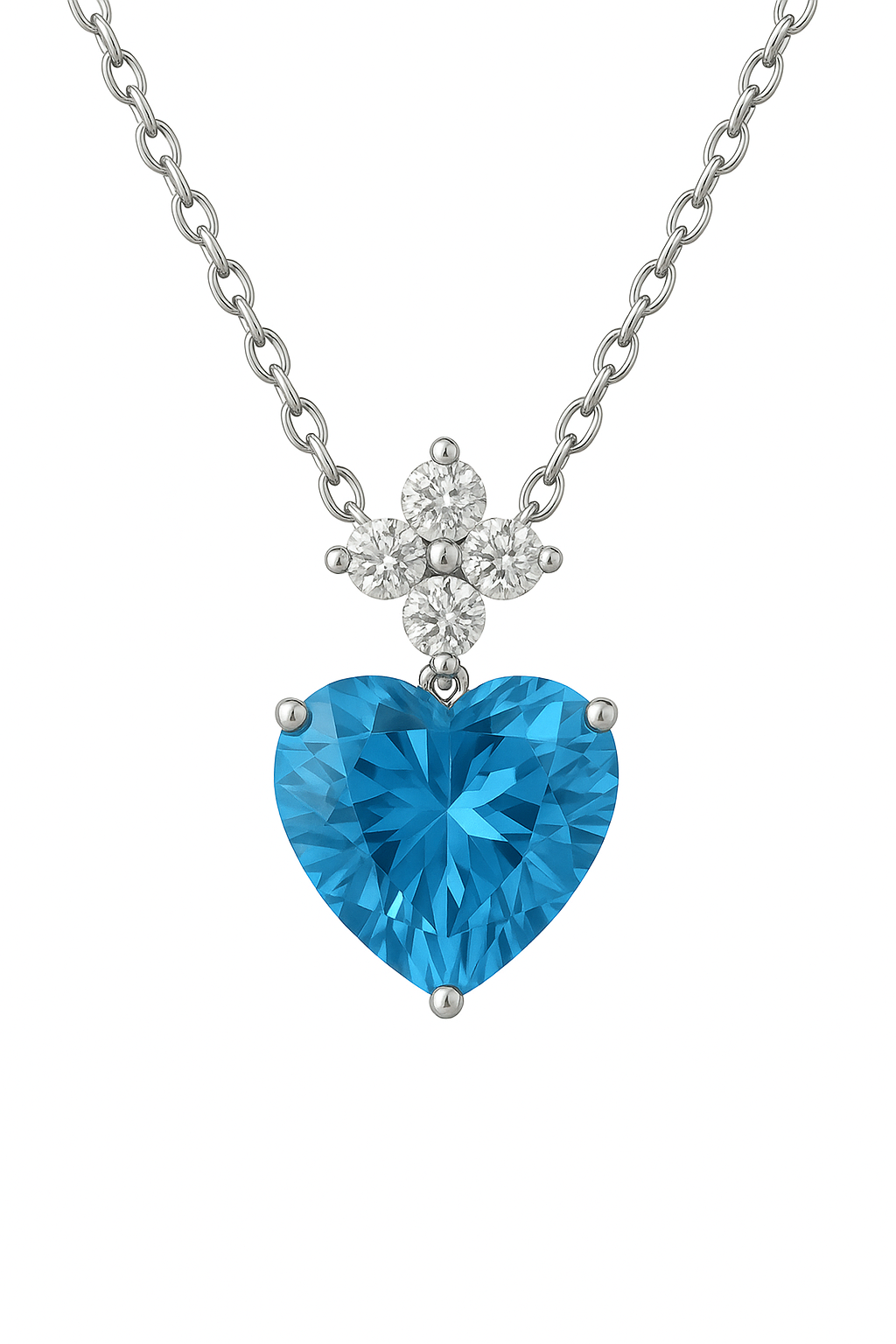 Moissanite & Swiss Blue Topaz Heart Necklace – White Gold Plated 925 Silver, 7 mm | BSI Jewelry