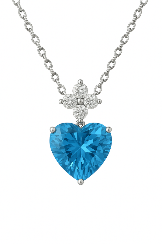 Moissanite & Swiss Blue Topaz Heart Necklace – White Gold Plated 925 Silver, 7 mm | BSI Jewelry