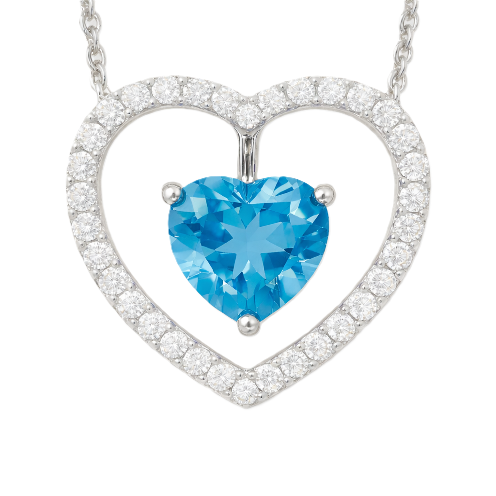 Moissanite and Swiss blue topaz necklace with a 6 mm heart-cut gemstone in white gold-plated 925 silver. Fresh and elegant. Available now at BSI Jewelry.