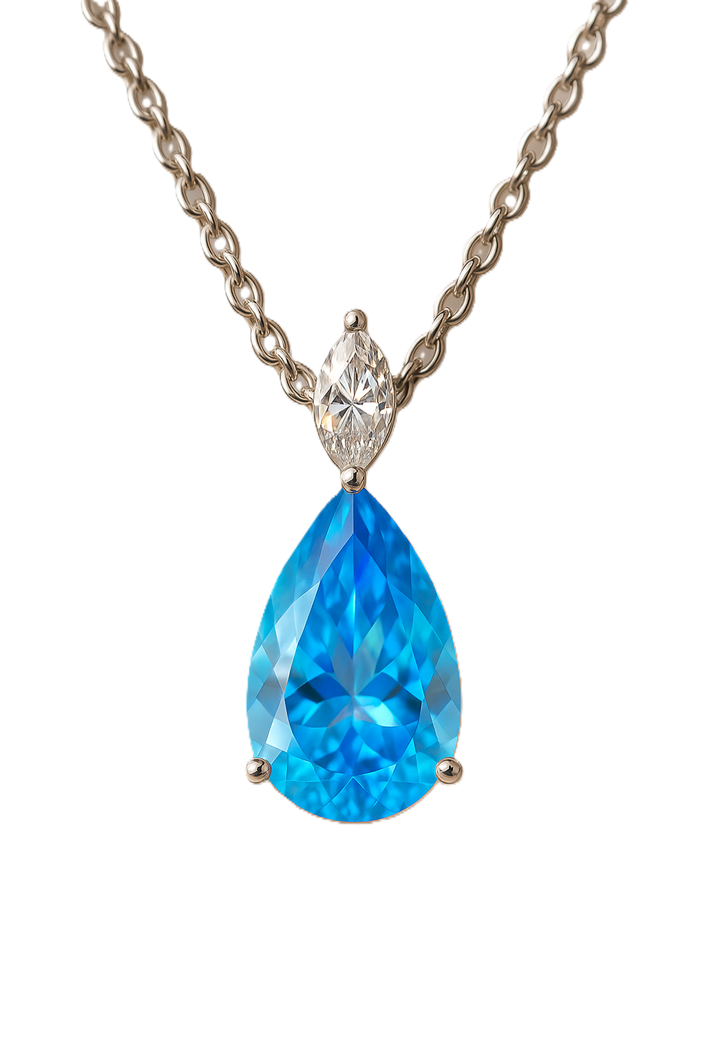 12×8mm pear-cut Swiss Blue Topaz necklace with marquise Moissanite accent in white-gold-plated 925 silver. Hypoallergenic and finely crafted. Now at BSI Jewelry.