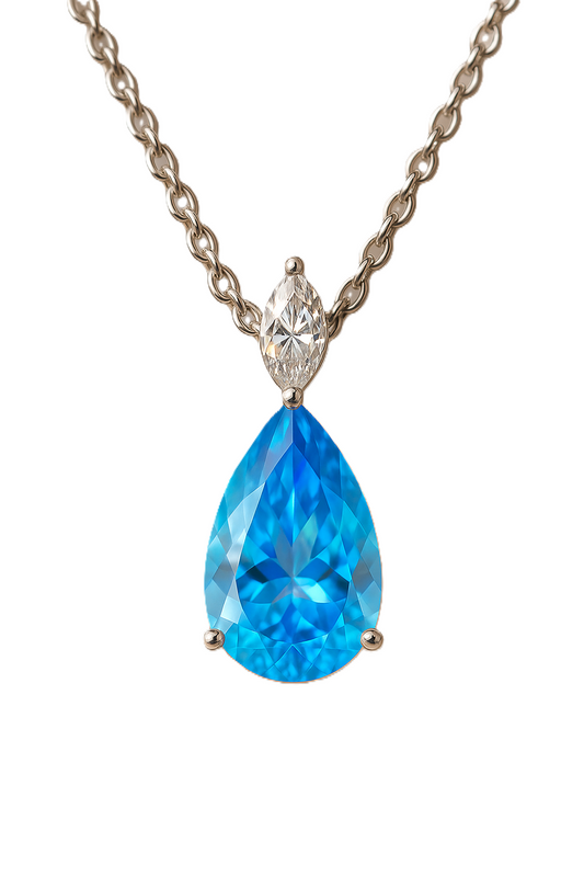 12×8mm pear-cut Swiss Blue Topaz necklace with marquise Moissanite accent in white-gold-plated 925 silver. Hypoallergenic and finely crafted. Now at BSI Jewelry.