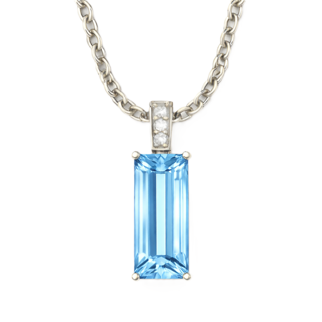 Moissanite and Swiss blue topaz pendant with a 14 × 6 mm baguette-cut gemstone in white gold-plated 925 silver. Fresh and elegant. Available now at BSI Jewelry.