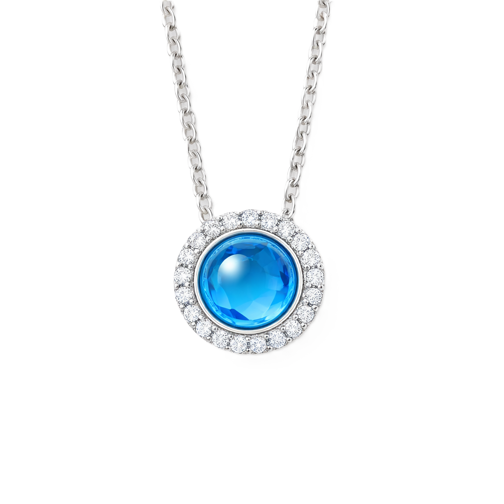 Moissanite and Swiss blue topaz pendant with a 6 mm cabochon gemstone in white gold-plated 925 silver. Fresh and elegant. Available now at BSI Jewelry.