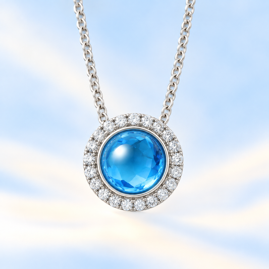 Moissanite and Swiss blue topaz pendant with a 6 mm cabochon gemstone in white gold-plated 925 silver. Fresh and elegant. Available now at BSI Jewelry.