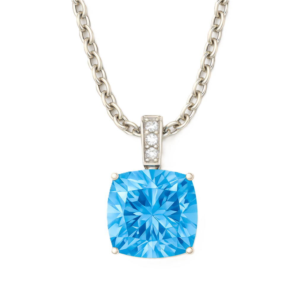 Moissanite and Swiss blue topaz pendant with a 6 mm cushion-cut gemstone in white gold-plated 925 silver. Fresh and elegant. Available now at BSI Jewelry.