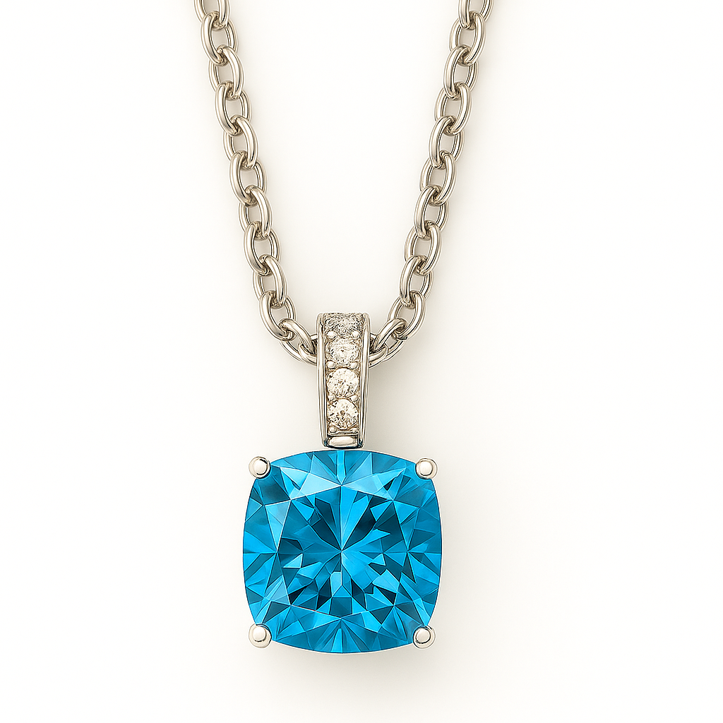 Elegant cushion Swiss blue topaz pendant accented with Moissanite in 925 silver. 8mm gem, hypoallergenic, and radiant brilliance. Available now at BSI Jewelry.