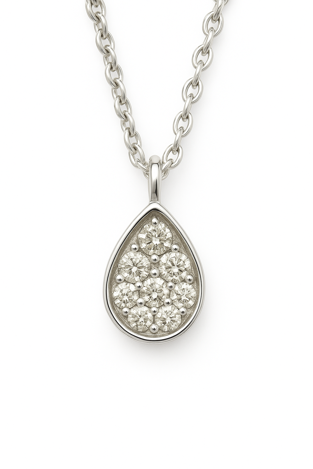 Radiant Moissanite teardrop pendant in 925 silver with pavé brilliance and refined finish. Hypoallergenic and elegant for daily wear. Available at BSI Jewelry.