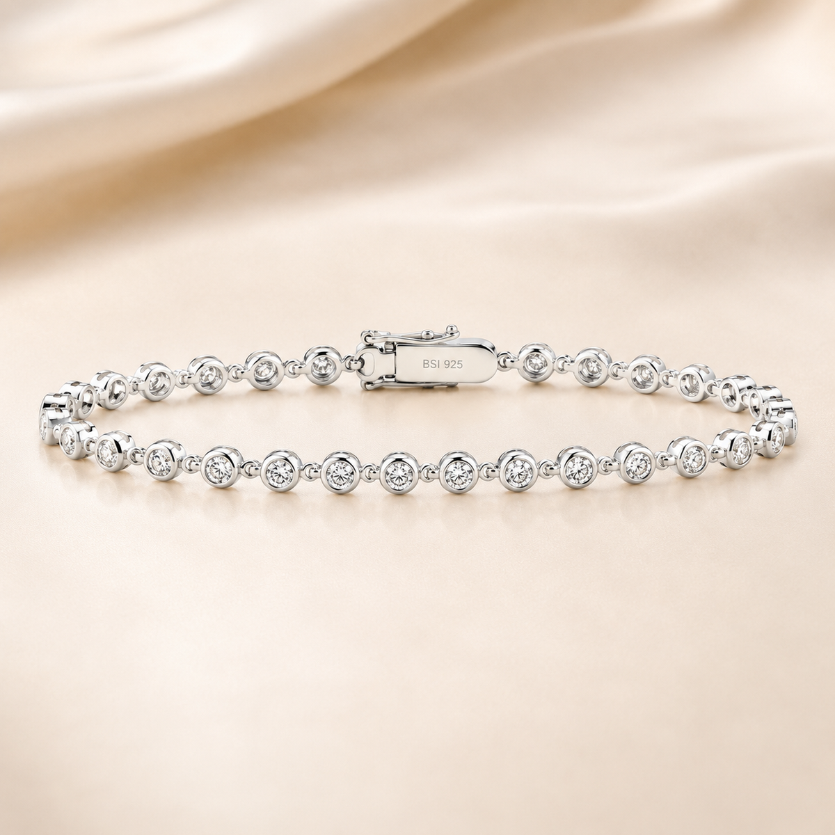 Moissanite tennis bracelet in white gold-plated 925 silver, featuring a continuous row of brilliant stones for timeless sparkle and grace. Available now at BSI Jewelry.