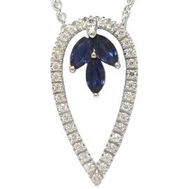 Elegant blue sapphire teardrop necklace in white gold-plated 925 silver, accented with Moissanite halo. Radiant brilliance. Available now at BSI Jewelry.