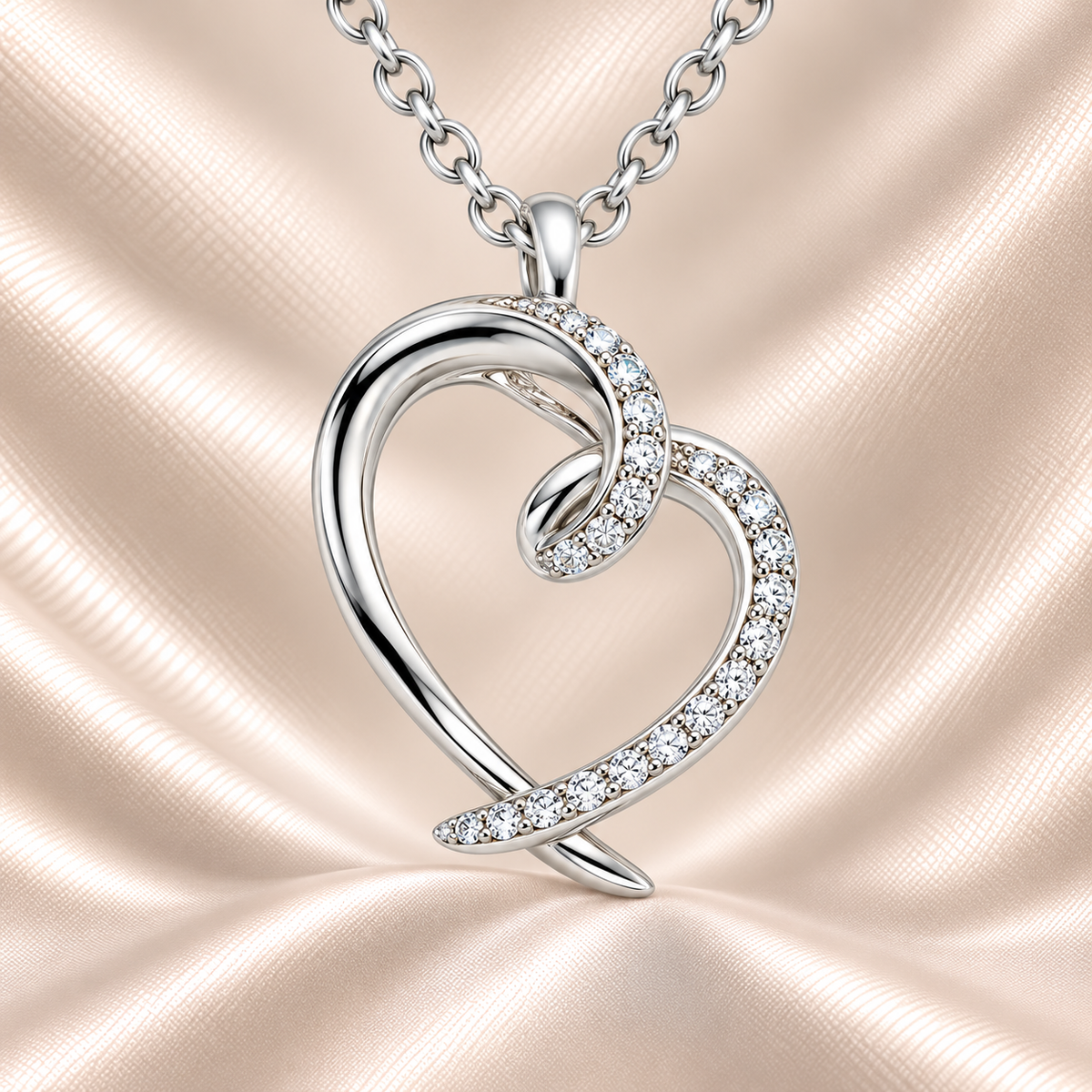 Stylish Moissanite twisted heart pendant in 925 silver with pavé brilliance. A modern design symbolizing love, creativity, and elegance. Now at BSI Jewelry.