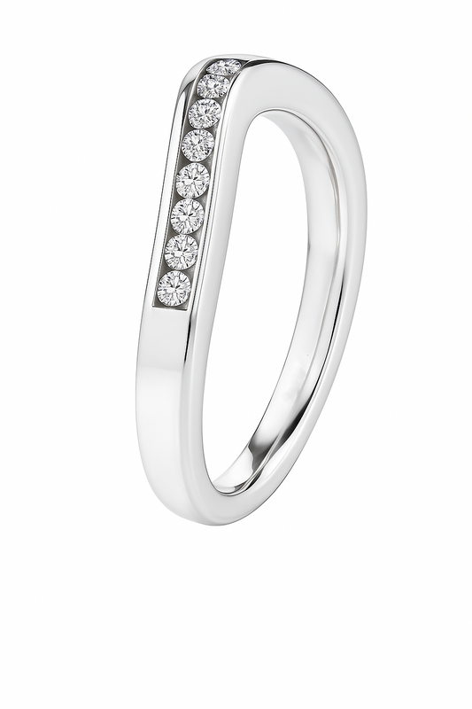 Elegant Moissanite V-shaped wedding band in 925 silver with channel-set brilliance. Finely crafted for radiant stacking and daily elegance. Now at BSI Jewelry.