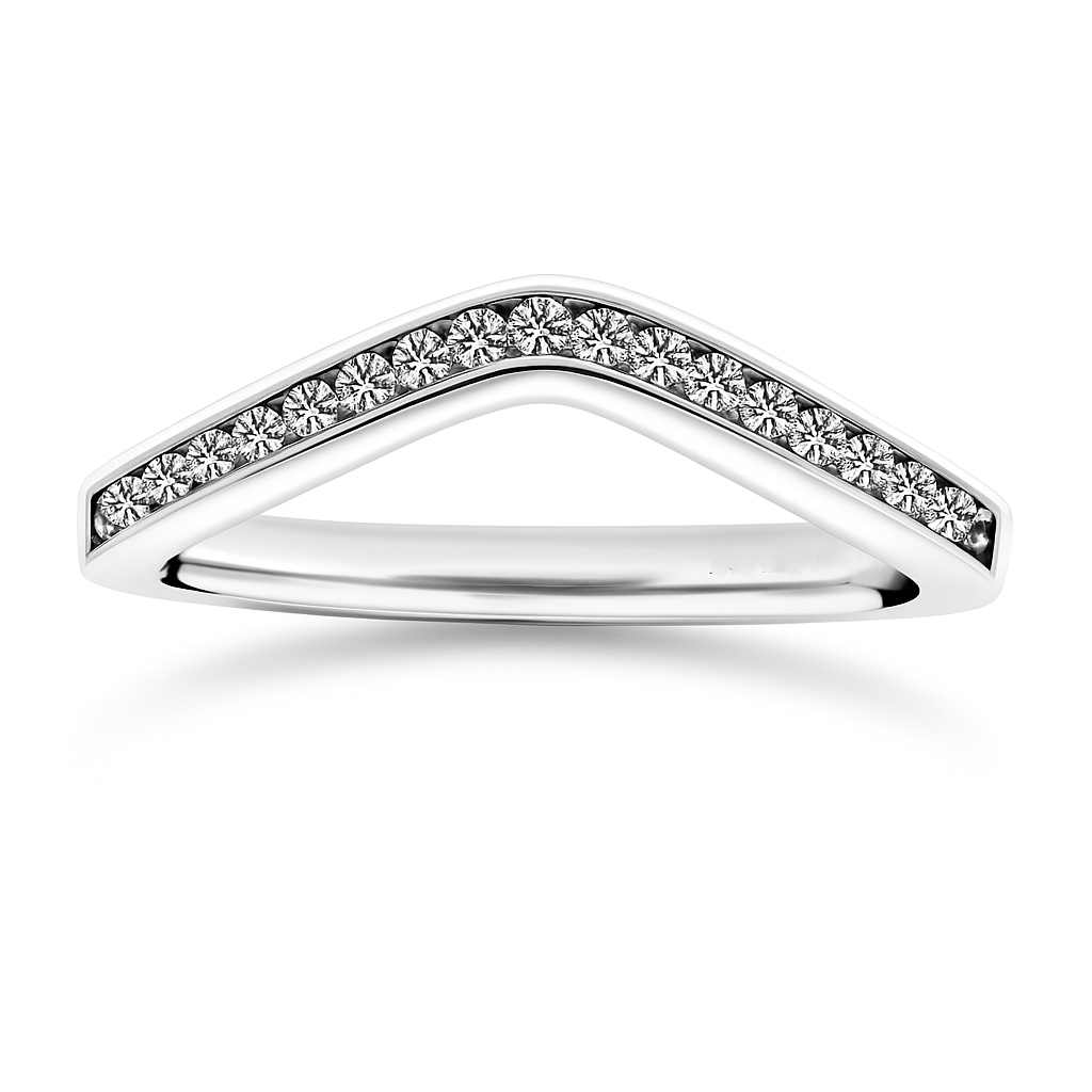 Elegant Moissanite V-shaped wedding band in 925 silver with channel-set brilliance. Finely crafted for radiant stacking and daily elegance. Now at BSI Jewelry.