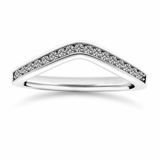 Elegant Moissanite V-shaped wedding band in 925 silver with channel-set brilliance. Finely crafted for radiant stacking and daily elegance. Now at BSI Jewelry.