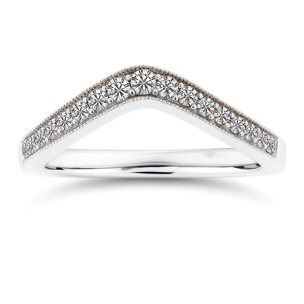 Refined Moissanite V-shaped pavé wedding band in 925 silver. Hypoallergenic brilliance, crafted for perfect stacking or timeless elegance. Now at BSI Jewelry.