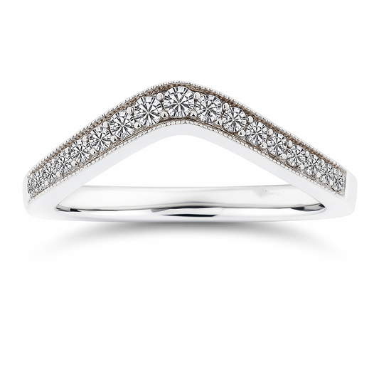 Refined Moissanite V-shaped pavé wedding band in 925 silver. Hypoallergenic brilliance, crafted for perfect stacking or timeless elegance. Now at BSI Jewelry.