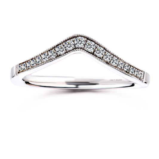 Moissanite V-shaped wedding band in white-gold-plated 925 silver with delicate milgrain frame for vintage charm and refined style. Available now at BSI Jewelry.