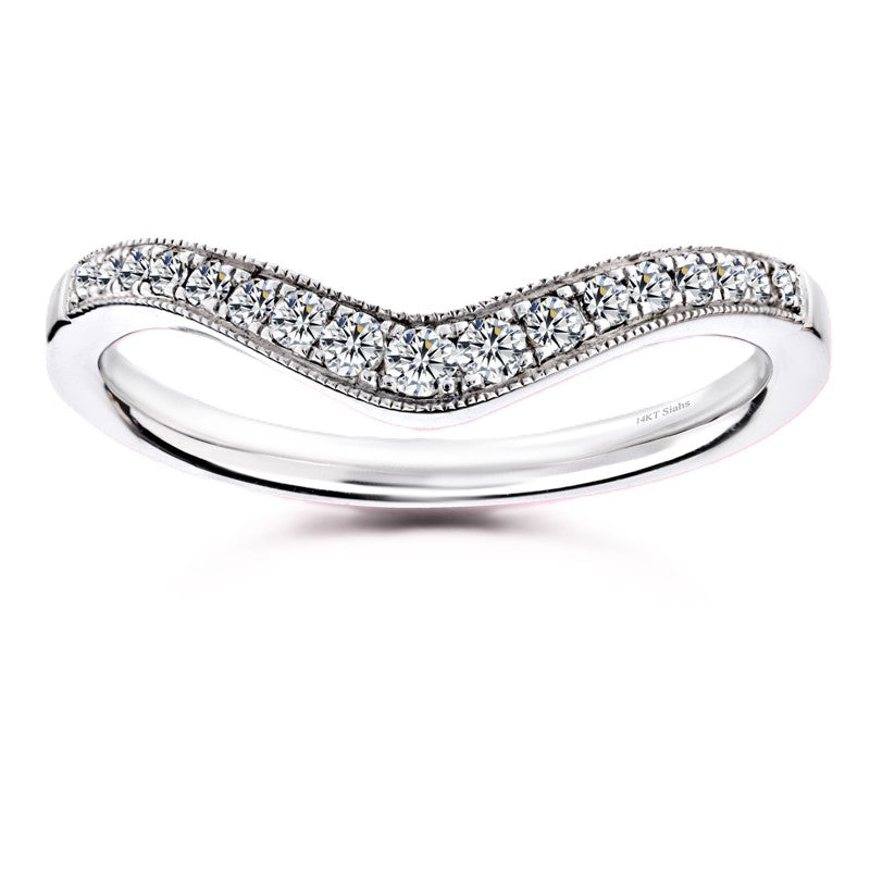 Moissanite V-shaped wedding band in white-gold-plated 925 silver with milgrain frame for vintage charm and refined sparkle. Available now at BSI Jewelry.