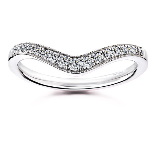 Moissanite V-shaped wedding band in white-gold-plated 925 silver with milgrain frame for vintage charm and refined sparkle. Available now at BSI Jewelry.