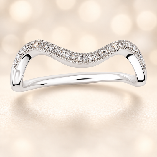 A sleek wave-shaped wedding band with 21 Moissanite stones totaling 0.30 carat, crafted in white-gold-plated 925 silver for elegant, timeless sparkle.