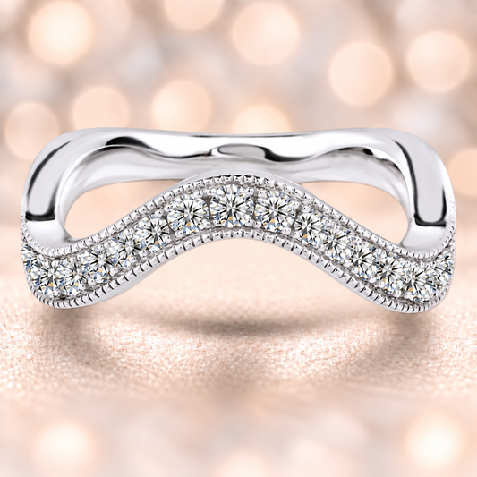 A radiant wave-shaped wedding band with 15 Moissanite stones totaling 1.00 carat, crafted in white-gold-plated 925 silver for timeless sparkle and elegance.