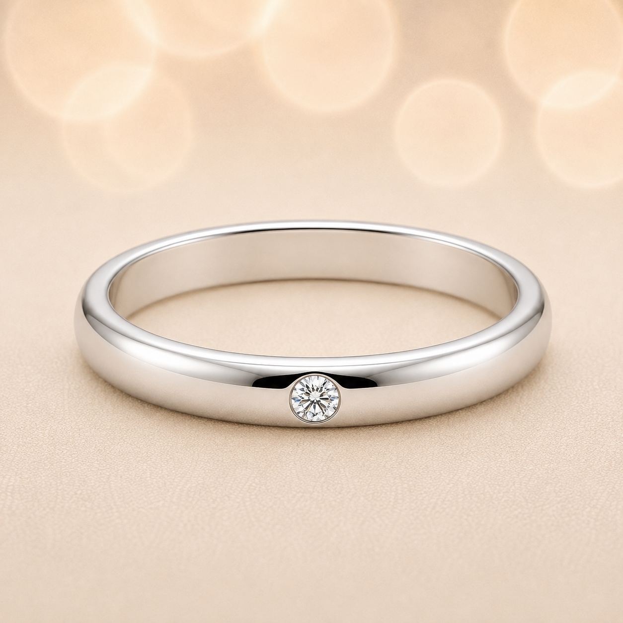 Moissanite wedding band with one round brilliant stone in 2.50 mm width. White-gold-plated 925 silver, hypoallergenic and elegant. Available now at BSI Jewelry.