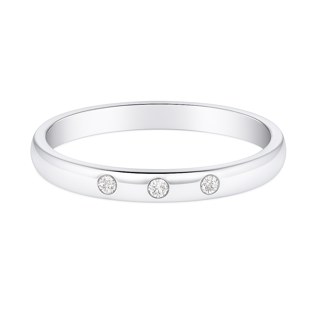 Moissanite wedding band with three round stones in 3.50 mm width. White-gold-plated 925 silver, hypoallergenic and elegant. Available now at BSI Jewelry.