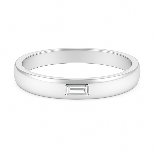 Elegant Moissanite wedding band with 4×2mm baguette-cut stones in white gold-plated 925 silver and palladium alloy. A symbol of grace. Available at BSI Jewelry.