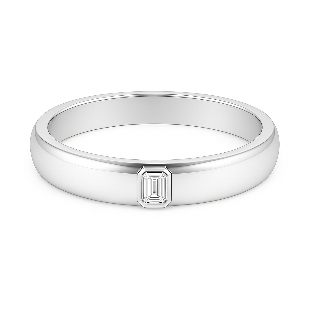 Moissanite wedding band with 4×2 mm emerald-cut stones in white gold-plated 925 silver with palladium alloy. Radiant and Elegant. Available now at BSI Jewelry.