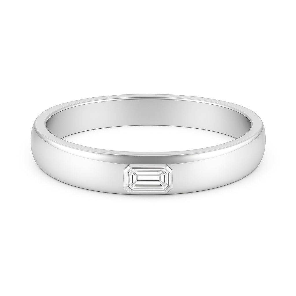 Moissanite wedding band featuring 4×2 mm emerald-cut stones in white gold-plated 925 silver and palladium alloy. Radiant and refined. Available at BSI Jewelry.