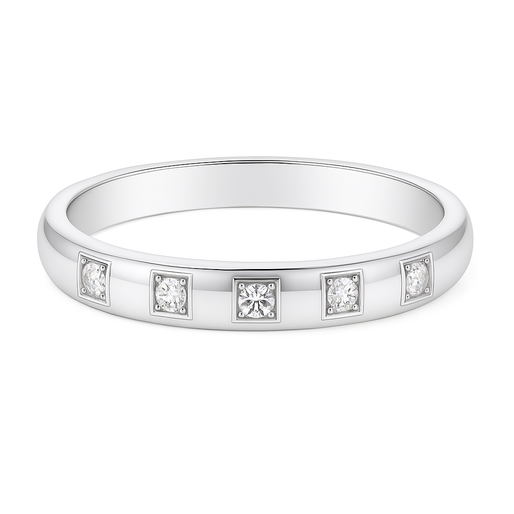 Elegant 2.5 mm Moissanite wedding band with five round brilliant, crafted in white gold-plated 925 silver and palladium alloy. Available now at BSI Jewelry.
