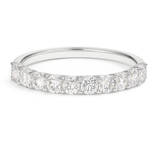 Moissanite wedding band in white gold-plated 925 silver, featuring a row of brilliant stones for timeless sparkle and eternal love. Available now at BSI Jewelry.