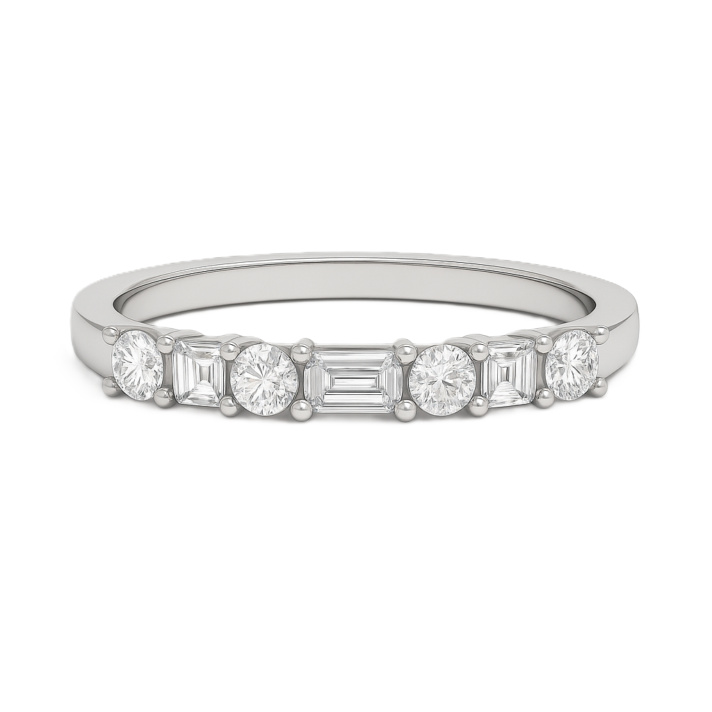 Moissanite wedding band with 4×2mm baguette and 2mm round stones in white gold-plated 925 silver and palladium alloy. Elegant brilliance. Now at BSI Jewelry.