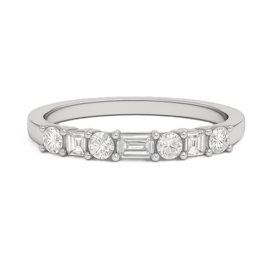Moissanite wedding band with 4×2mm baguette and 2mm round stones in white gold-plated 925 silver and palladium alloy. Elegant brilliance. Now at BSI Jewelry.