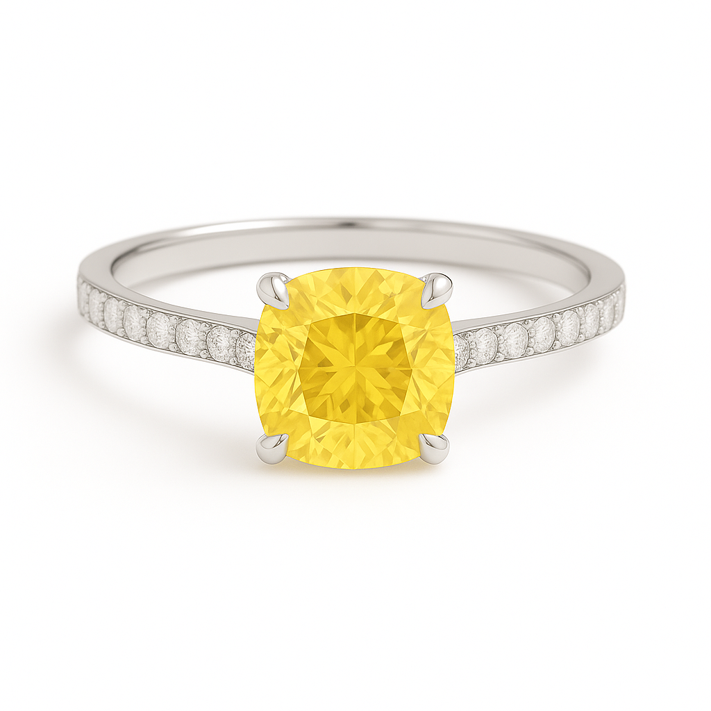 Elegant 7mm cushion yellow sapphire ring accented with Moissanite, crafted in white gold-plated 925 silver with palladium alloy. Available now at BSI Jewelry.