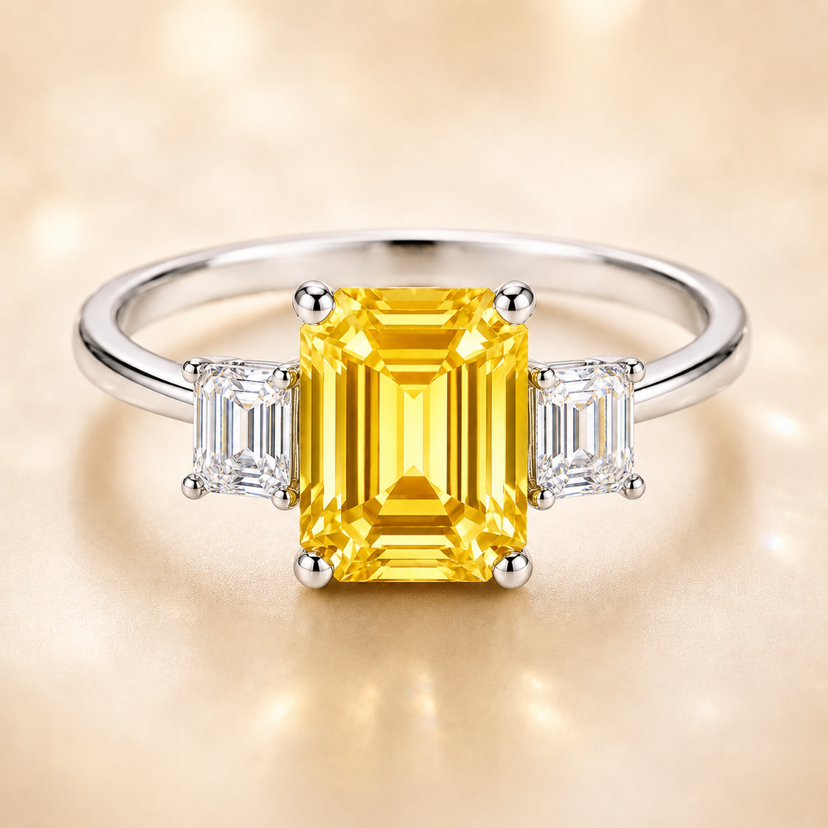 7×5 mm emerald-cut yellow sapphire ring with baguette Moissanite accents, crafted in white-gold-plated 925 silver. Warm timeless elegance. Now at BSI Jewelry.