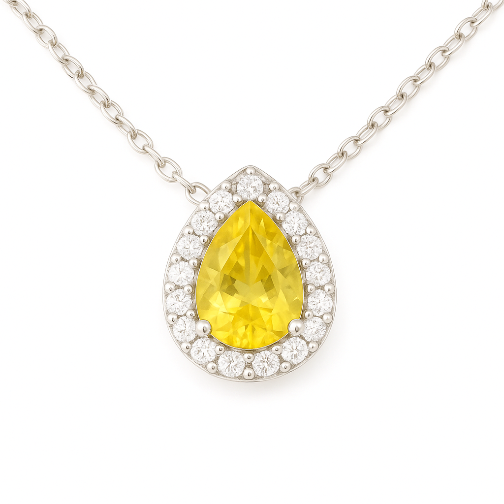 Radiant 7×5mm yellow sapphire halo necklace accented with Moissanite, crafted in white gold-plated 925 silver and palladium alloy. Available now at BSI Jewelry.