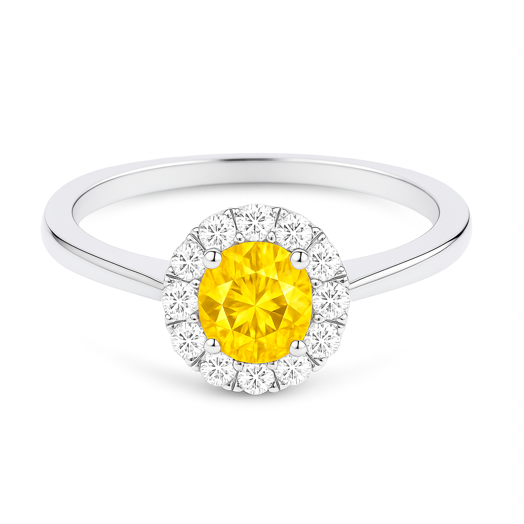 4.3 mm yellow sapphire halo ring with white Moissanite in white gold-plated hypoallergenic 925 silver. Elegant and brilliant sparkle. Available now at BSI Jewelry.