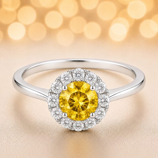 4.3 mm yellow sapphire halo ring with white Moissanite in white gold-plated hypoallergenic 925 silver. Elegant and brilliant sparkle. Available now at BSI Jewelry.