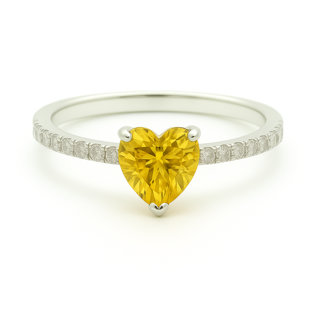 6mm heart-cut Yellow Sapphire ring with Moissanite accents in white-gold-plated 925 silver. Elegant, timeless, and hypoallergenic. Available now at BSI Jewelry.